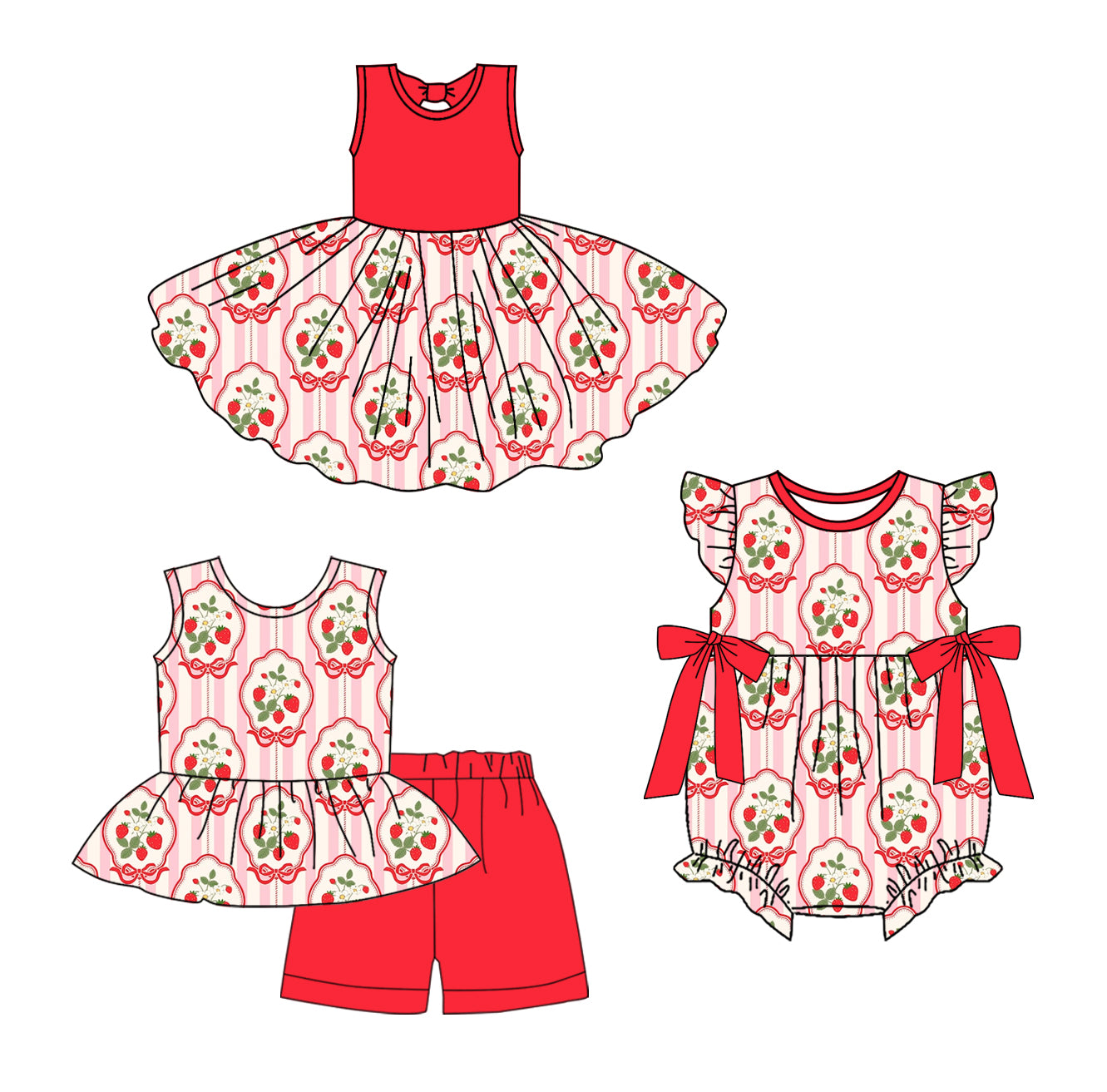 25.12.29 custom each style moq 5 eta 6-8week Sibling Sister strawberry bow baby short sleeve shorts sets and romper and dress match design
