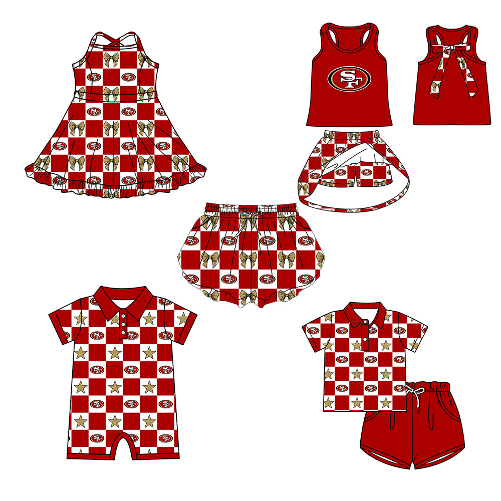 Custom moq 5 mix size milk silk summer teams Red Checked Baby Girl Sleeveless Top Skirt Short Set Dress And Shorts Yoga Outfit Boy's Top Shorts Set Romper