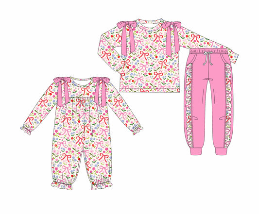 25.7.2 custom each style moq 5eta 4-6week Sibling Sisters floral bow pink baby girl long sleeve pants sets and rompers match family design