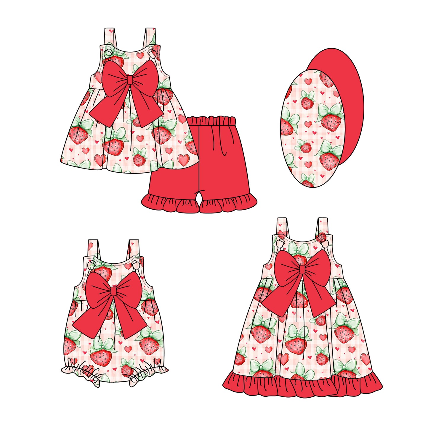 1.13 custom each style moq 5eta 4-6week Sibling Sisters strawberry baby girl short sleeve shorts sets and dress and rompers match family design