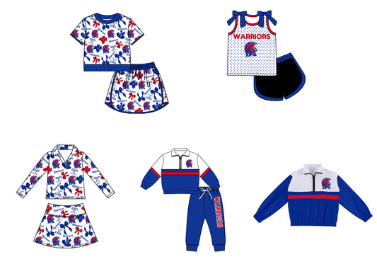 Custom moq 5 mix size milk silk summer teams Girls Blue Polka Dot Top Shorts Set Top Skirt Short Set Zipper Pullover Jogger Pants Set