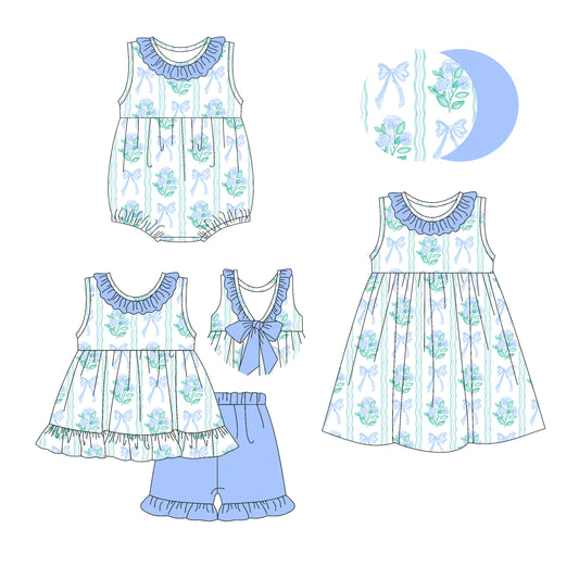 3.12 custom each style moq 5eta 4-6week Sibling Sisters bow floral baby girl short sleeve shorts sets and dress and rompers match family design
