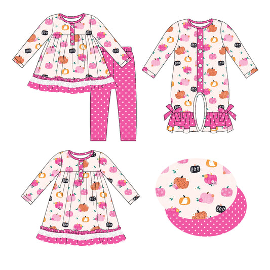25.7.9 custom each style moq 5eta 4-6week Sibling Sisters pumpkin pink baby girl long sleeve pants sets and dress and rompers match family design
