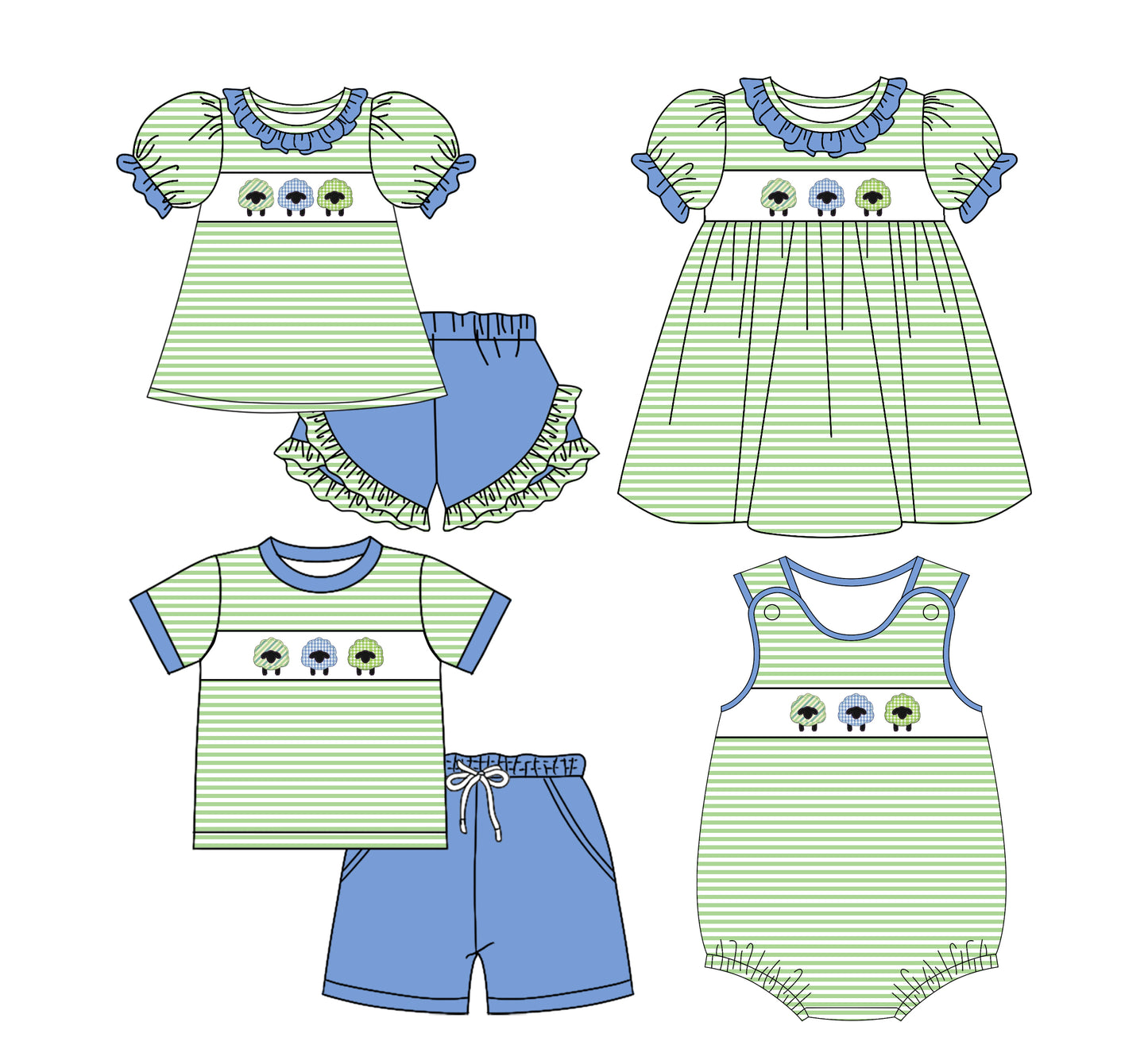 25.10.31 custom each style moq 5 eta 6-8week Sibling Sister sheep baby short sleeve shorts sets 2 and romper and dress match design