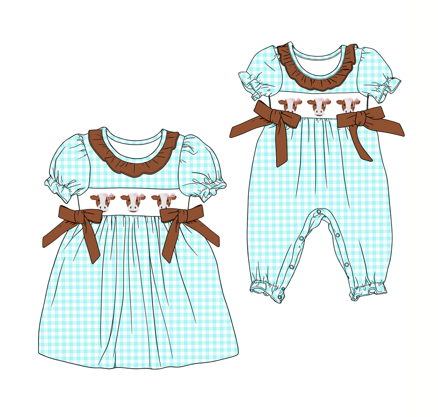 25.12.11 custom each style moq 5 eta 6-8week Sibling Sister cow head baby short sleeve romper and dress match design