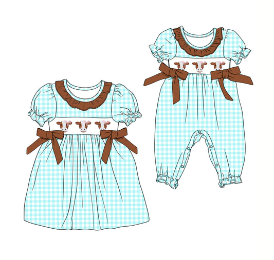 25.12.11 custom each style moq 5 eta 6-8week Sibling Sister cow head baby short sleeve romper and dress match design