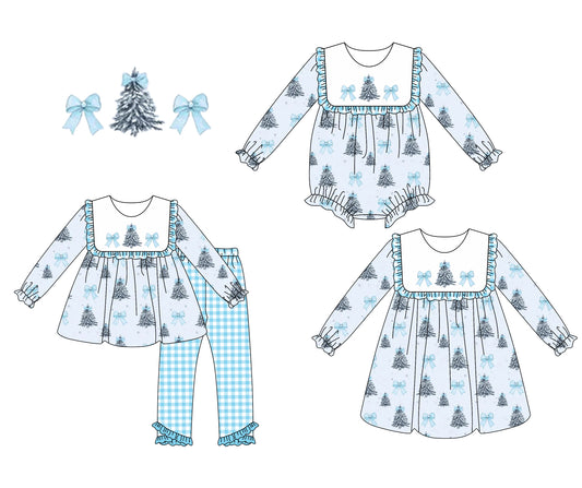 25.6.21 custom each style moq 5eta 4-6week Sibling Sisters Christmas trees bow blue baby girl long sleeve pants sets and dress and rompers match family design