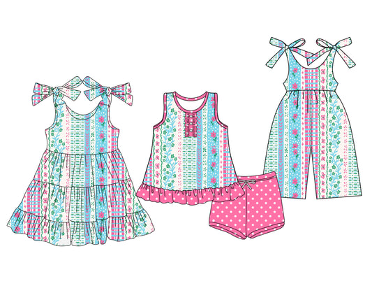 25.5.29 custom each style moq 5eta 4-6week Sibling Sister floral baby girl short sleeve shorts sets and dresses and jumpsuit match design