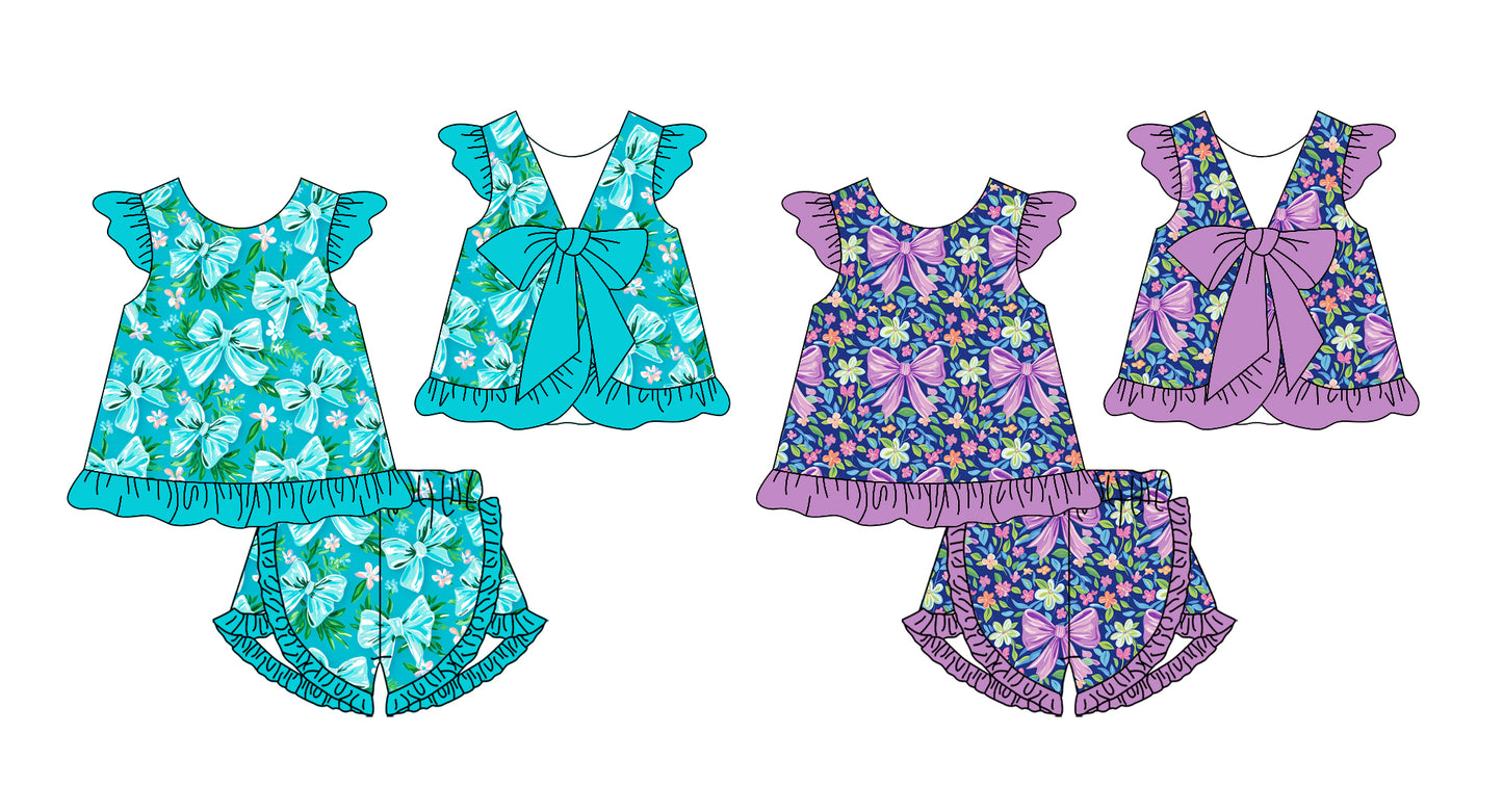 12.25 custom each style moq 5eta 4-6week Sibling Sister bow floral baby girls short sleeve shorts sets 1 and sets 2 match design