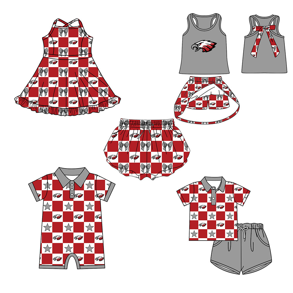 Custom moq 5 mix size milk silk summer teams Checked Bows Baby Girl Grey Sleeveless Top Skirt Short Set Dress And Shorts Yoga Outfit Boy's Top Shorts Set Romper
