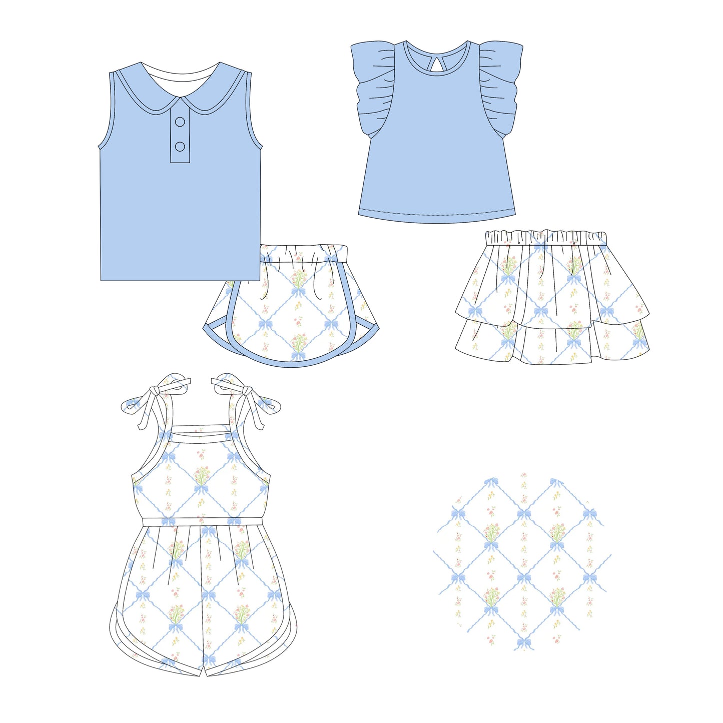 2.21 custom each style moq 5eta 4-6week Sibling Sister floral bow baby girl sets and dress and jumpsuit match family design