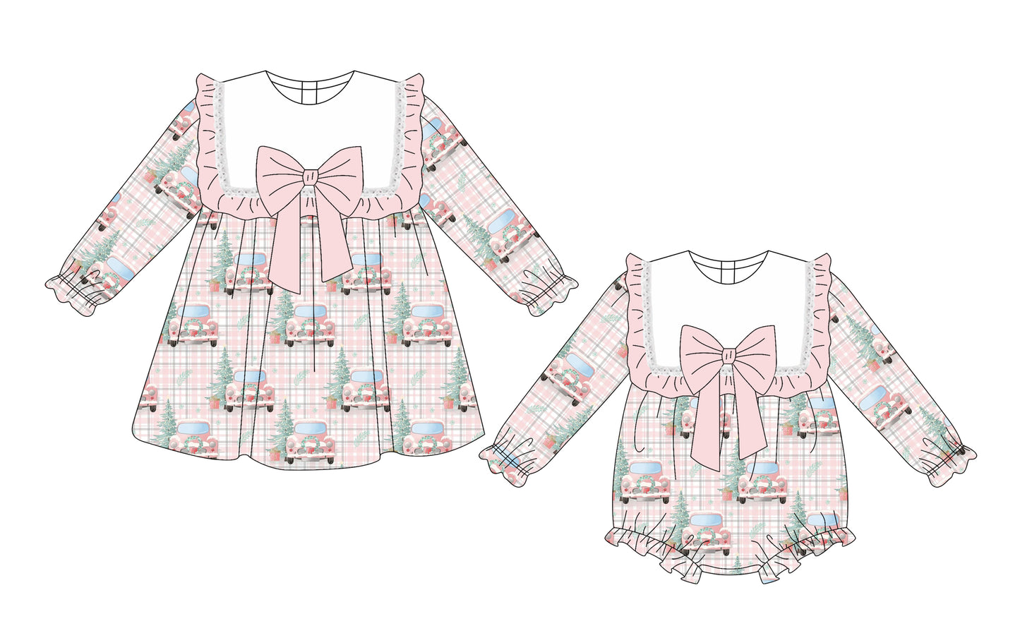 25.10.2 custom each style moq 8 eta 6-8week Sibling Sisters Christmas trees baby girl long sleeve dress and rompers match family design