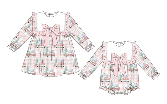 25.10.2 custom each style moq 8 eta 6-8week Sibling Sisters Christmas trees baby girl long sleeve dress and rompers match family design