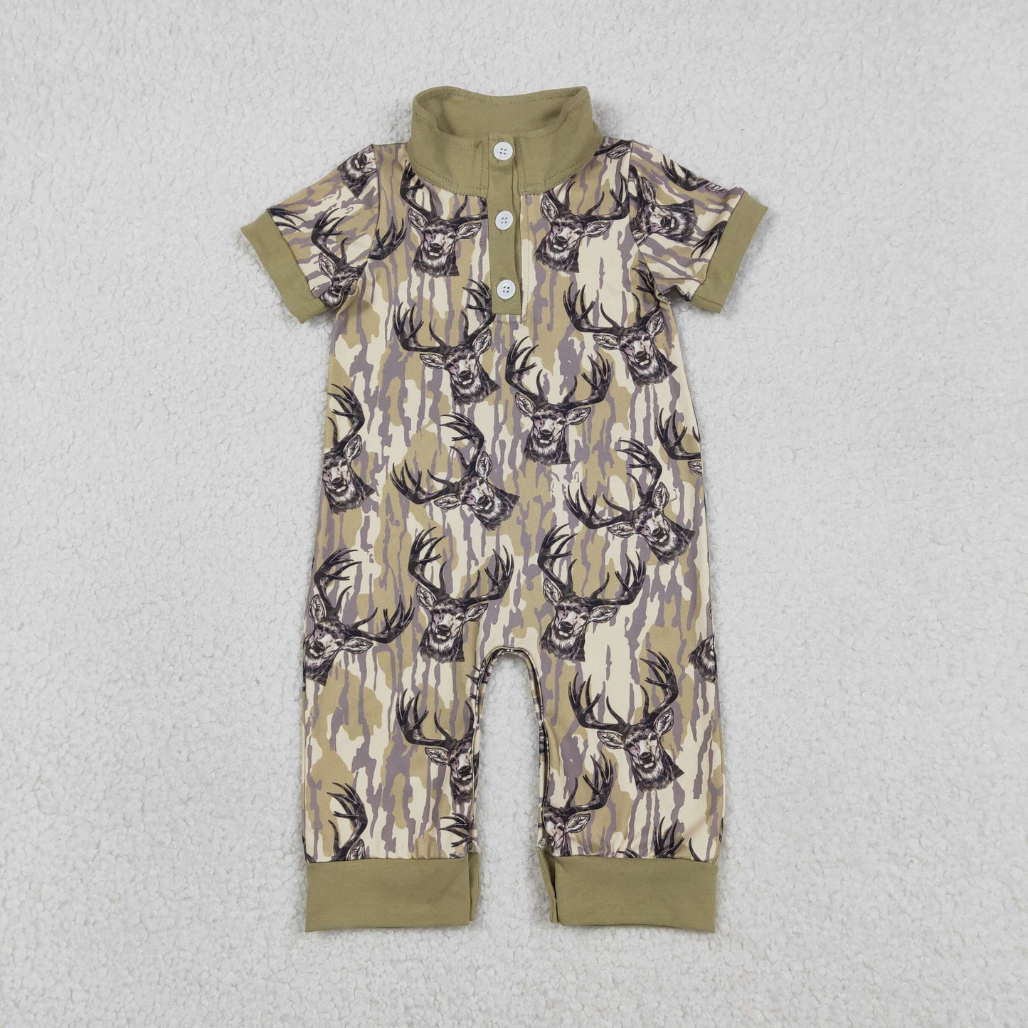 RTS NO MOQ（In Stock ) SR3635 Green Camouflage Button-Down Short-Sleeve Jumpsuit with Reindeer Bow Pattern