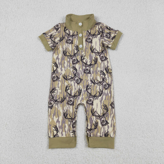 RTS NO MOQ（In Stock ) SR3635 Green Camouflage Button-Down Short-Sleeve Jumpsuit with Reindeer Bow Pattern
