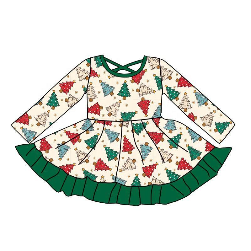 Custom moq 5 each style eta 6-7weeks baby girl clothes Christmas trees long sleeve dress-25.8.7