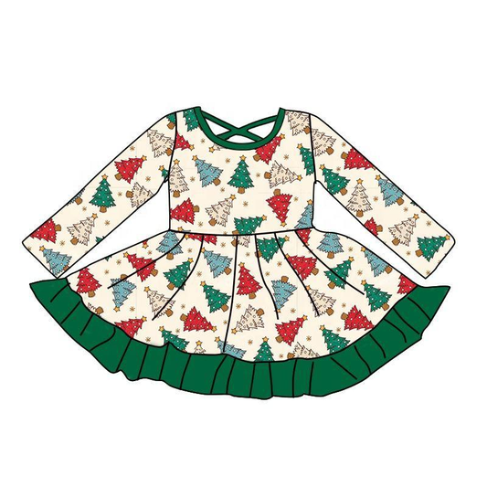 Custom moq 5 each style eta 6-7weeks baby girl clothes Christmas trees long sleeve dress-25.8.7
