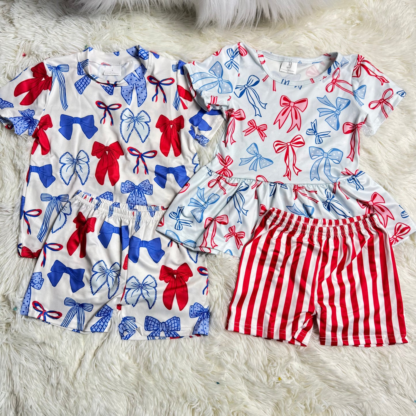 RTS Sibling baby girl clothes national day bow Short Sleeve Shorts sets