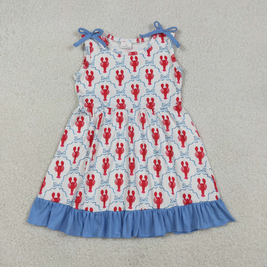 RTS NO MOQ（In Stock ) GSD3389 Lobster Blue Bow Pattern Plaid Lace Sleeveless Dress