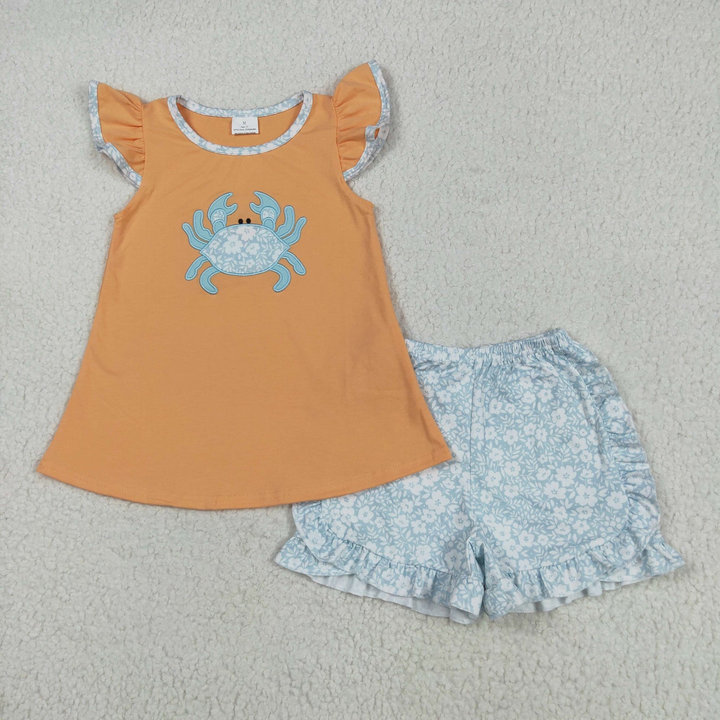 RTS NO MOQ GSSO2555 Embroidered flower crab orange flying sleeve blue shorts suit
