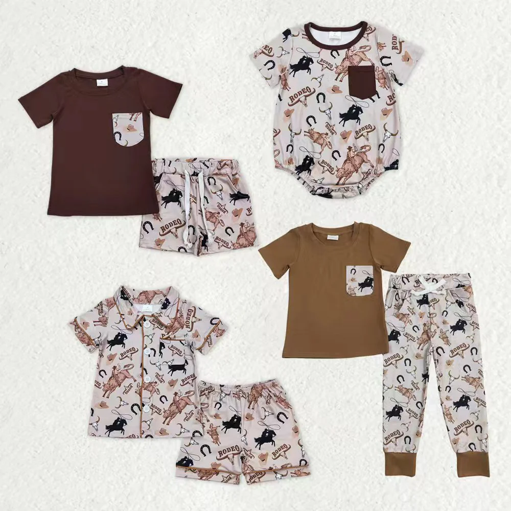 RTS NO MOQ Sibling baby boy clothes RODEO riding horse short sleeve shorts sets 2 and romper and short sleeve pants