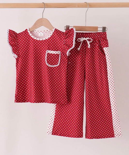 RTS NO MOQ milk silk GSPO2329 Baby Girls Maroon Polka Dots Pocket Top Flare Pant Clothes Sets