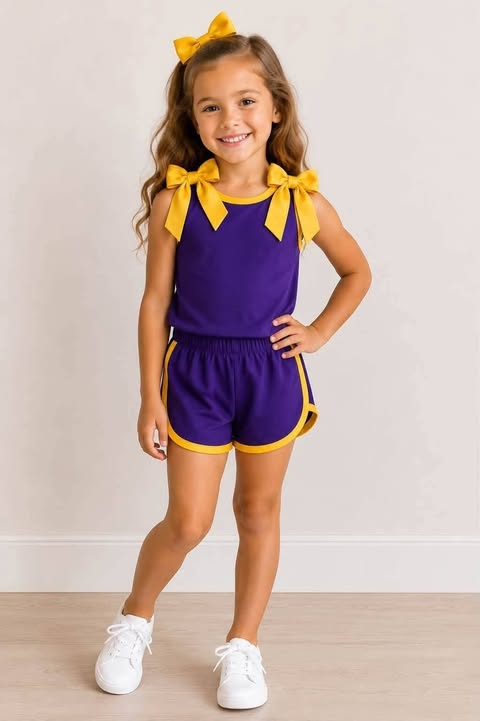 custom moq 5 mix size Baby Girls Purple Yellow Trim Bow Strap Sleeveless Tank Top And Shorts Two Piece Summer Outfit Set