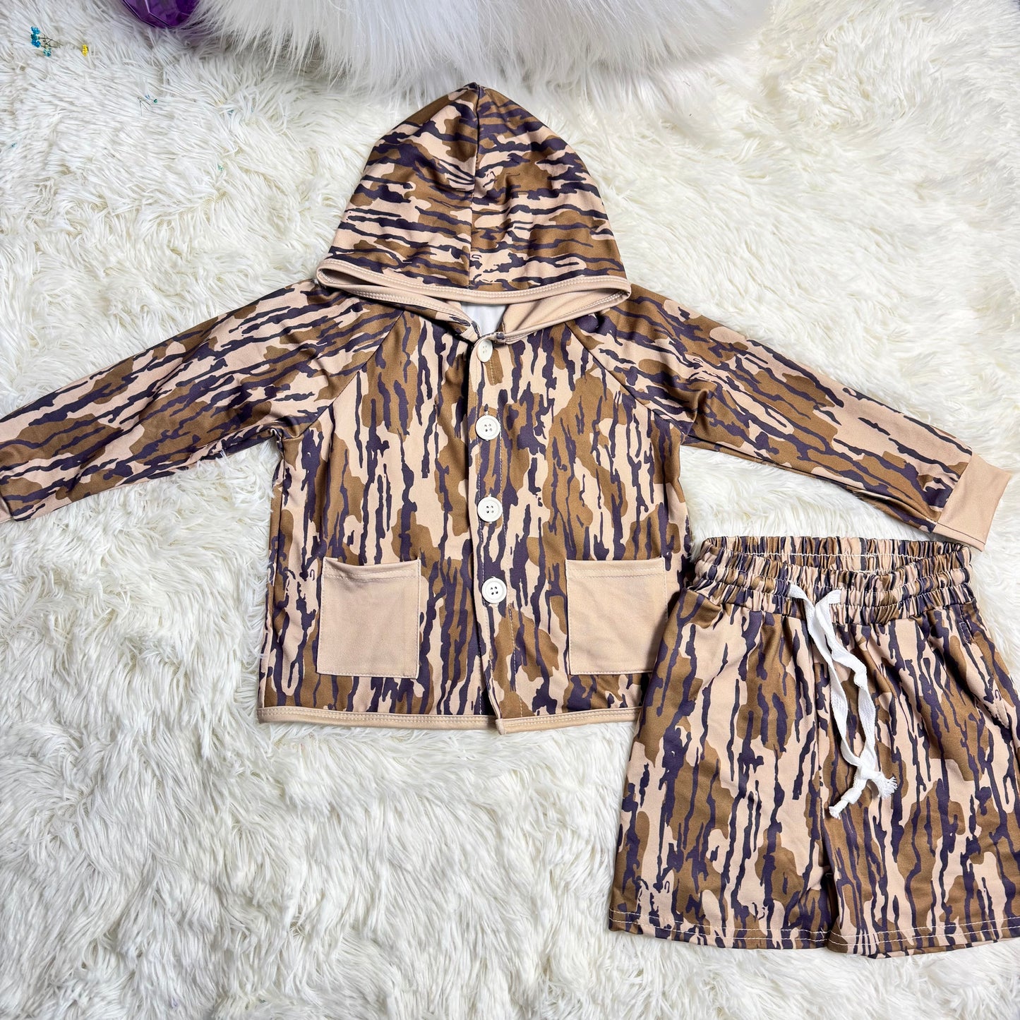 RTS NO MOQ（In Stock) baby boys clothes camouflage hooded long Sleeve Shorts sets