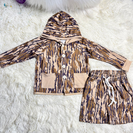 RTS NO MOQ（In Stock) baby boys clothes camouflage hooded long Sleeve Shorts sets