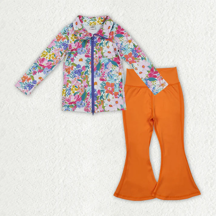RTS NO MOQ Sibling Baby Girl Yoga Floral bow Long Sleeve Trousers Sets