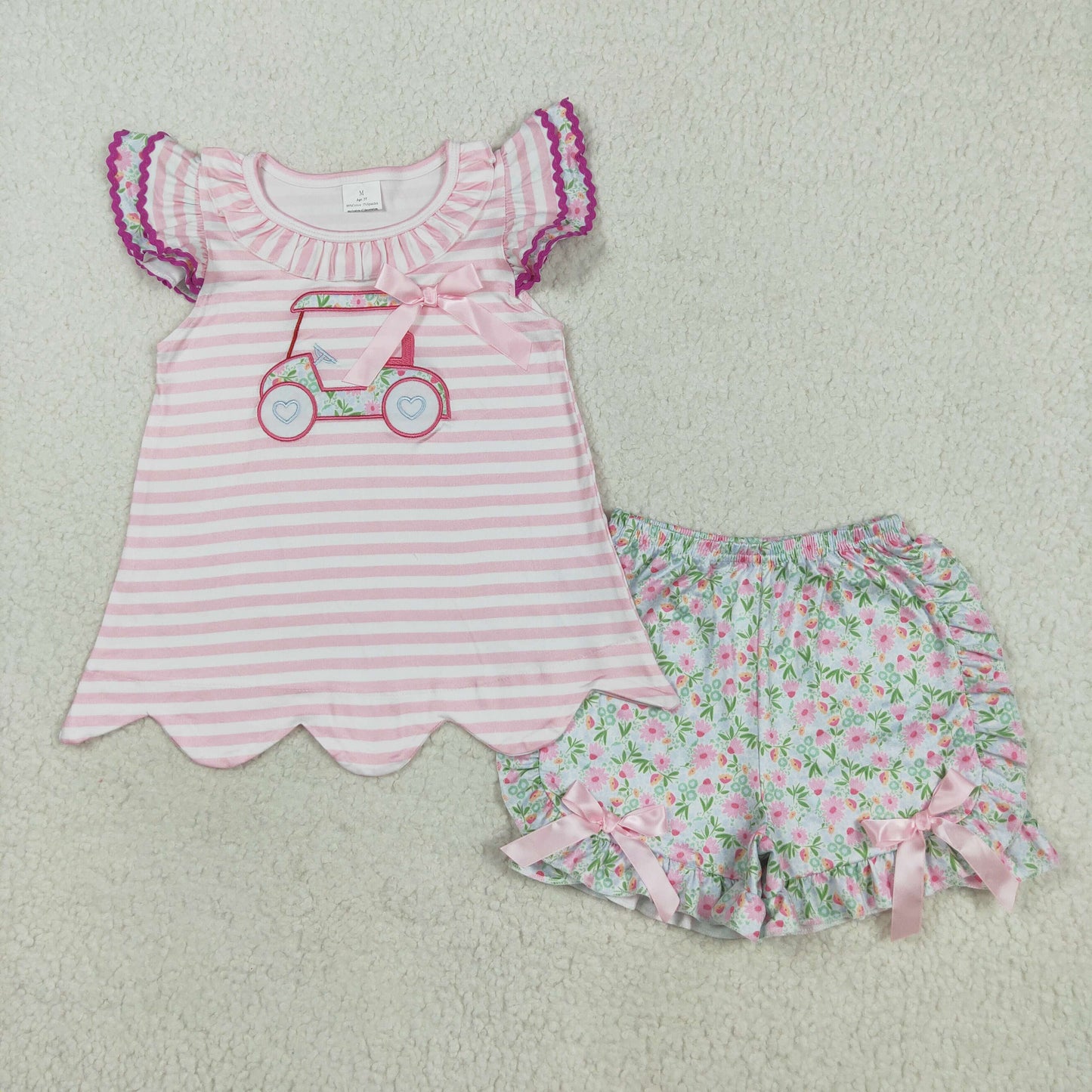 RTS NO MOQ（In Stock) GSSO2633 Embroidered sightseeing car pink striped, floral shorts with flying sleeves