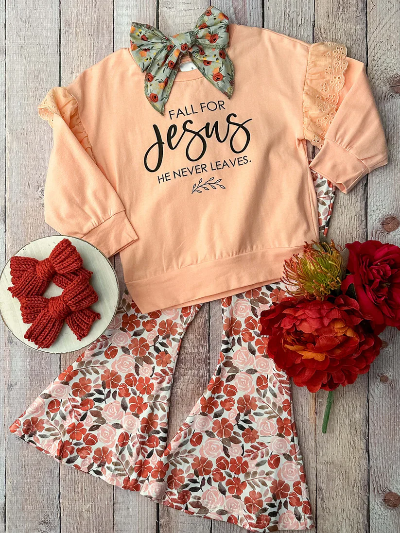 Deadline September 19 custom no moq eta 6-8weeks Light Orange Letter Long Sleeve Top-Rose Flared Pants Set