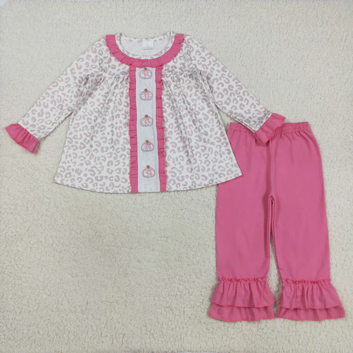 RTS NO MOQ Sibling Baby girl clothes Embroidery turkey pumpkin long-sleeved trousers suits