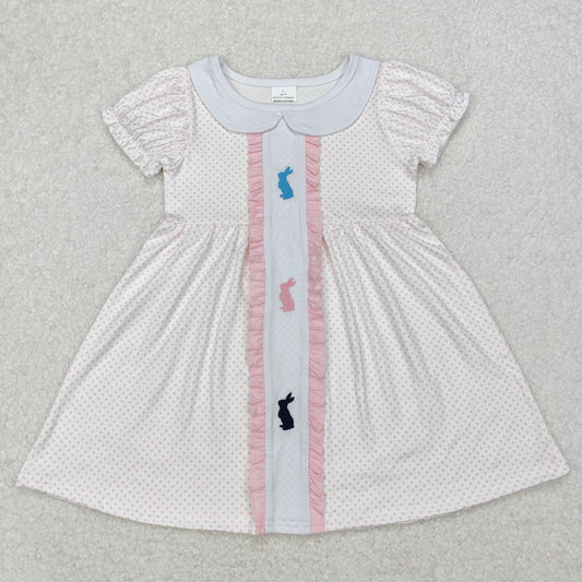 RTS NO MOQ ETA 5/7days Arrived GSD1771 Embroidered Easter bunny pink polka dot lace doll collar white short-sleeved dress