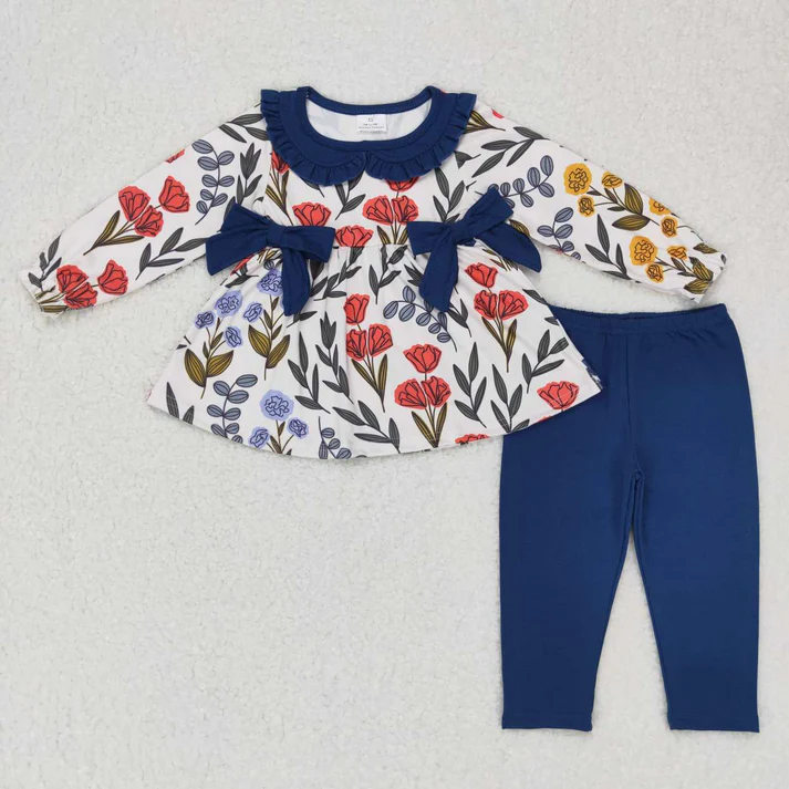 RTS NO MOQ Sibling baby girl clothes floral bow long sleeve pants Sets