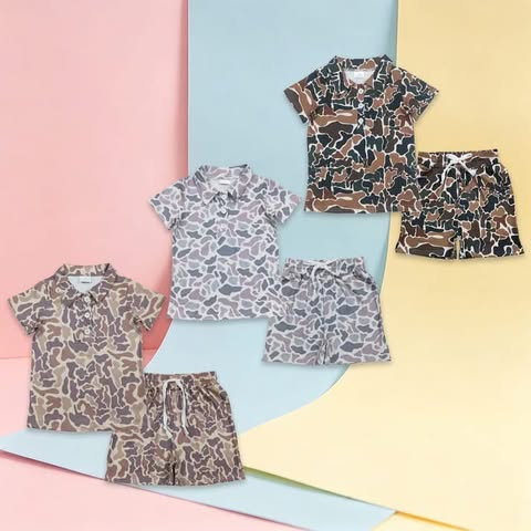 RTS NO MOQ Sibling milk silk Baby Boys Camo Buttons Polo Top Pockets Shorts Clothes Sets