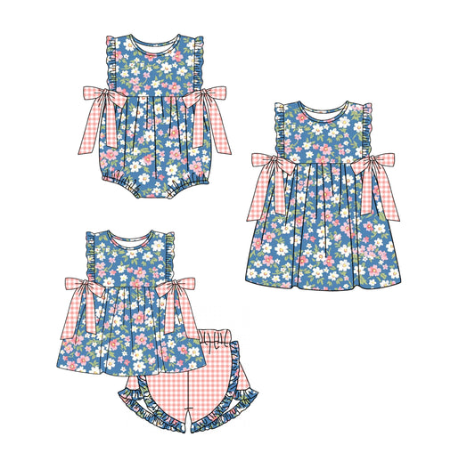 11.14 custom each style moq 5eta 4-6week Sibling Sister floral baby girl short sleeve shorts sets and dress and rompers match family design