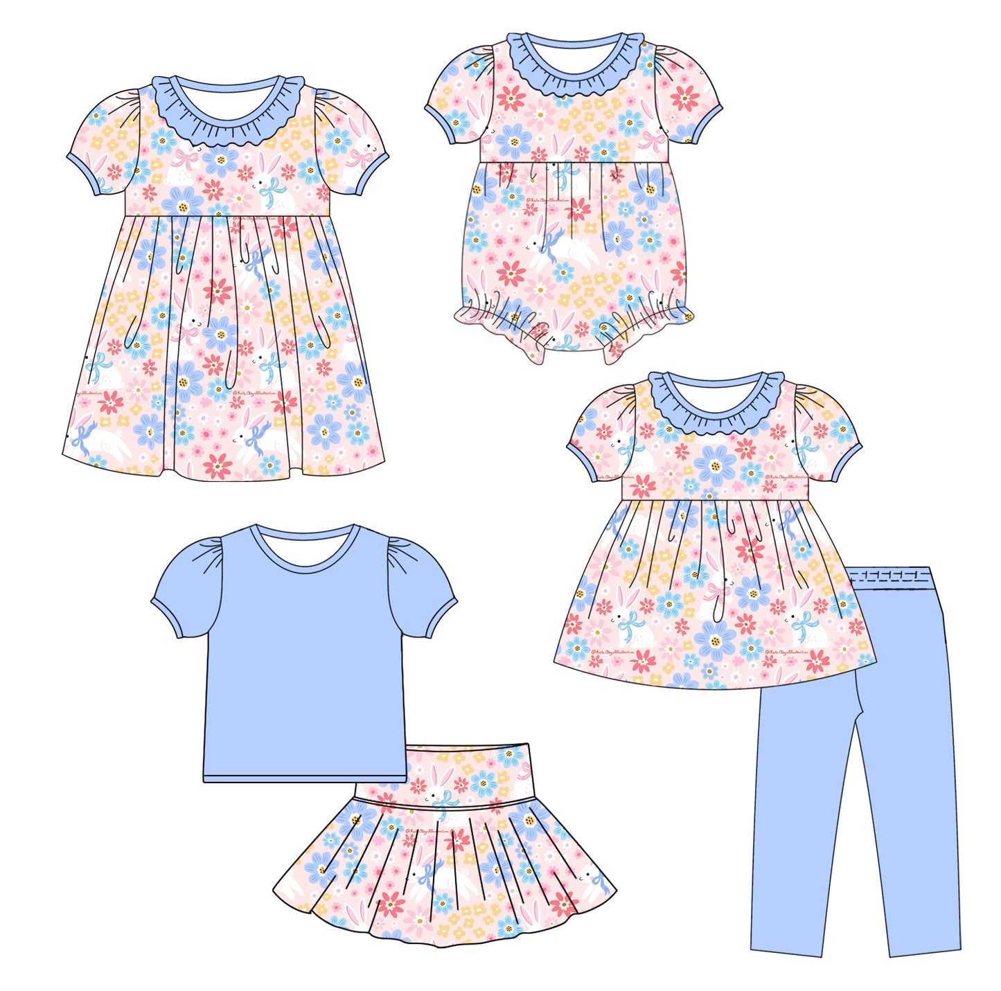 25.10.9 custom each style moq 8 eta 6-8week Sibling Sisters bunny floral baby girl short sleeve pants sets and skirts sets and dress and rompers match family design
