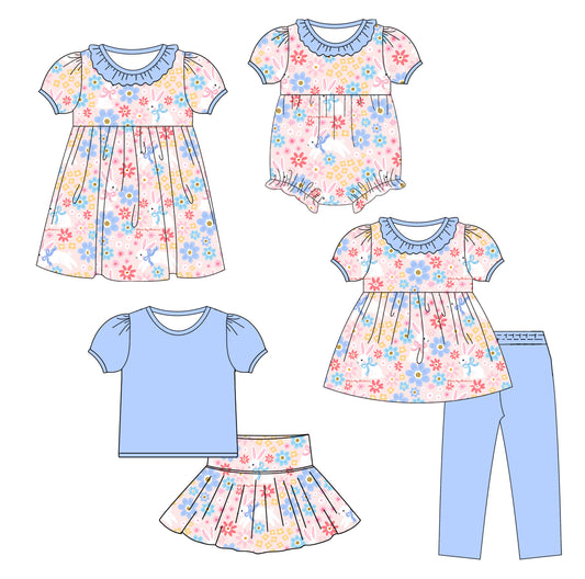 25.10.9 custom each style moq 8 eta 6-8week Sibling Sisters bunny floral baby girl short sleeve pants sets and skirts sets and dress and rompers match family design