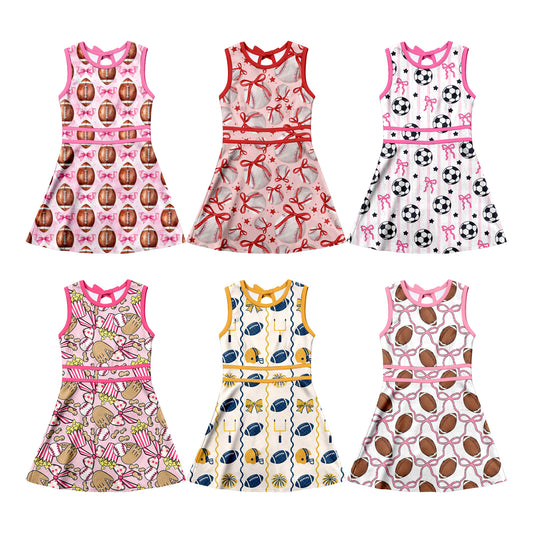 4.3  Custom moq 5 mix size Sibling Baby Girl's Bows Ball Sleeveless Yoga Active Short Knee Length Dress