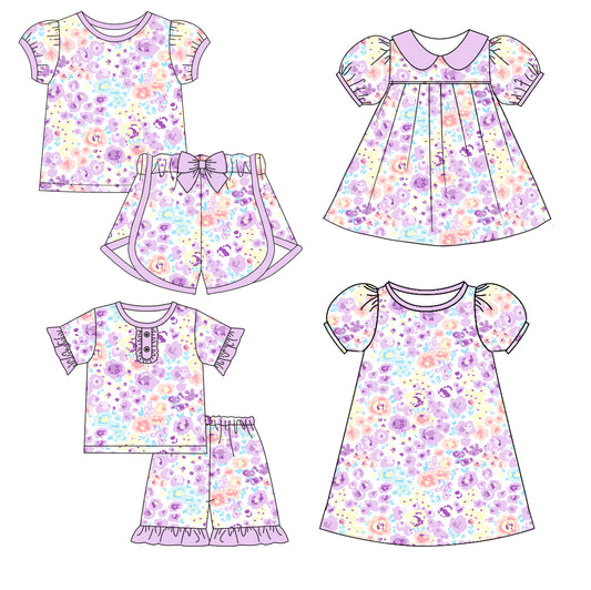 12.31 custom each style moq 5eta 4-6week Sibling Sistes floral baby girl short sleeve shorts sets 1 and sets 2 and dress 1 and dress 2 match family design