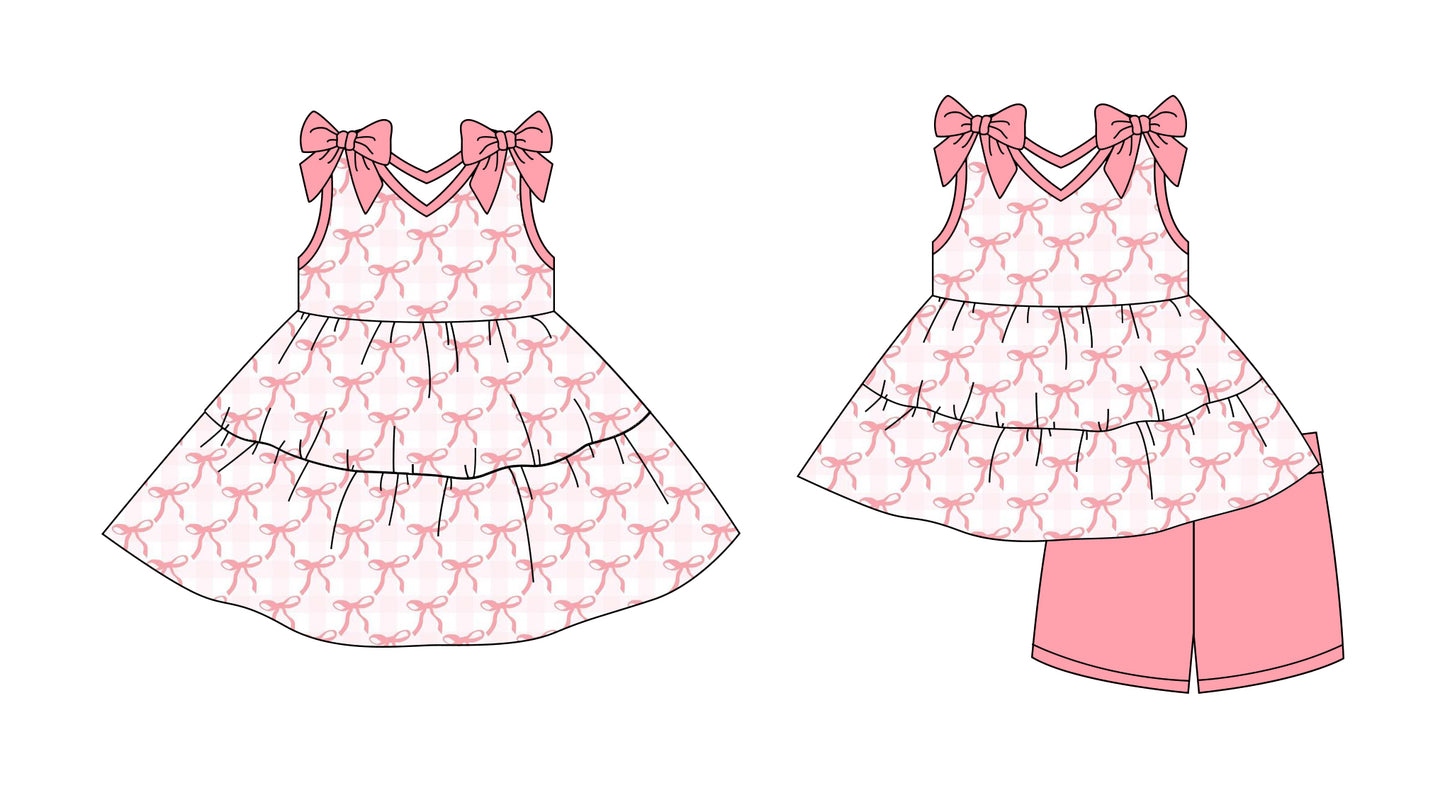 2.27 custom each style moq 5eta 4-6week Sibling Sister bow baby girl short sleeve shorts sets and dresses match design