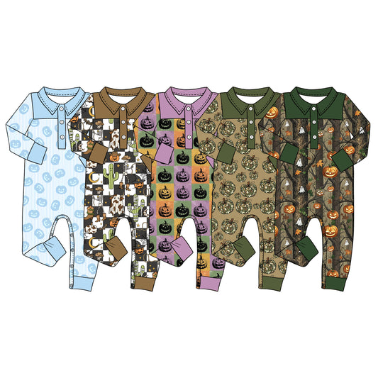 4.15 Custom moq 5 mix size Sibling Baby Boy's Long-Sleeved Button-Down Halloween Pumpkin Romper Cute Fall Outfit for Infants