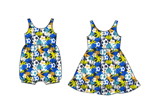 4.11 custom each style moq 5eta 4-6week Sibling Sisters floral football baby girl short sleeve dress and rompers match family design