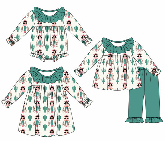 25.6.2 custom each style moq 5eta 4-6week Sibling Sisters catcus baby girl long sleeve pants sets and dress and rompers match family design
