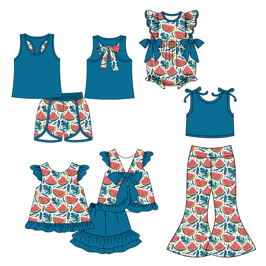 4.24 custom each style moq 5eta 4-6week Sibling Sisters watermelon baby girl short sleeve shorts sets 1 and sets 2 and pants sets and rompers match family design