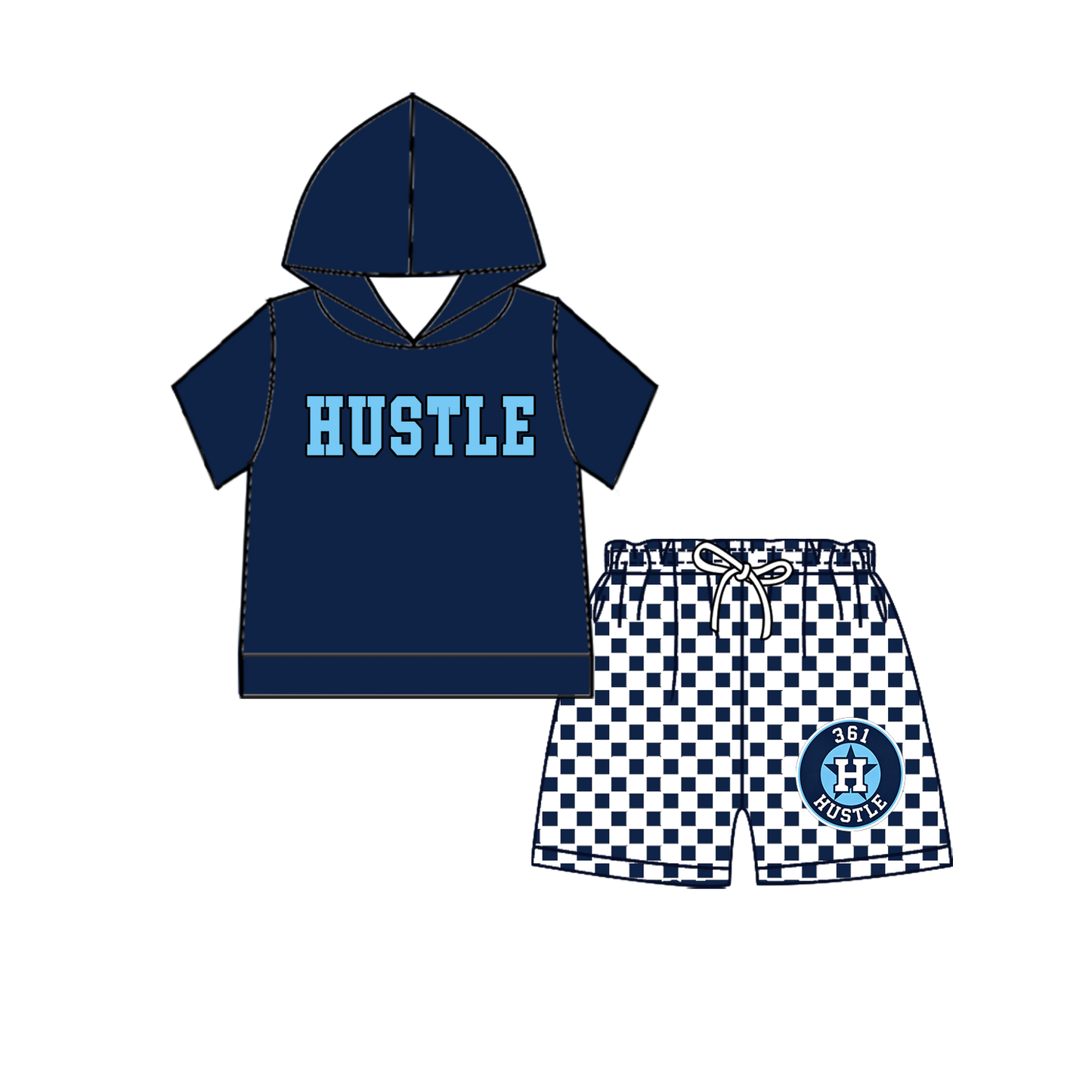 custom moq 5 mix size MSD071006 Baby Kids Short Sleeve Hooded Top Checked Elastic Waist Shorts Team Clothes Set