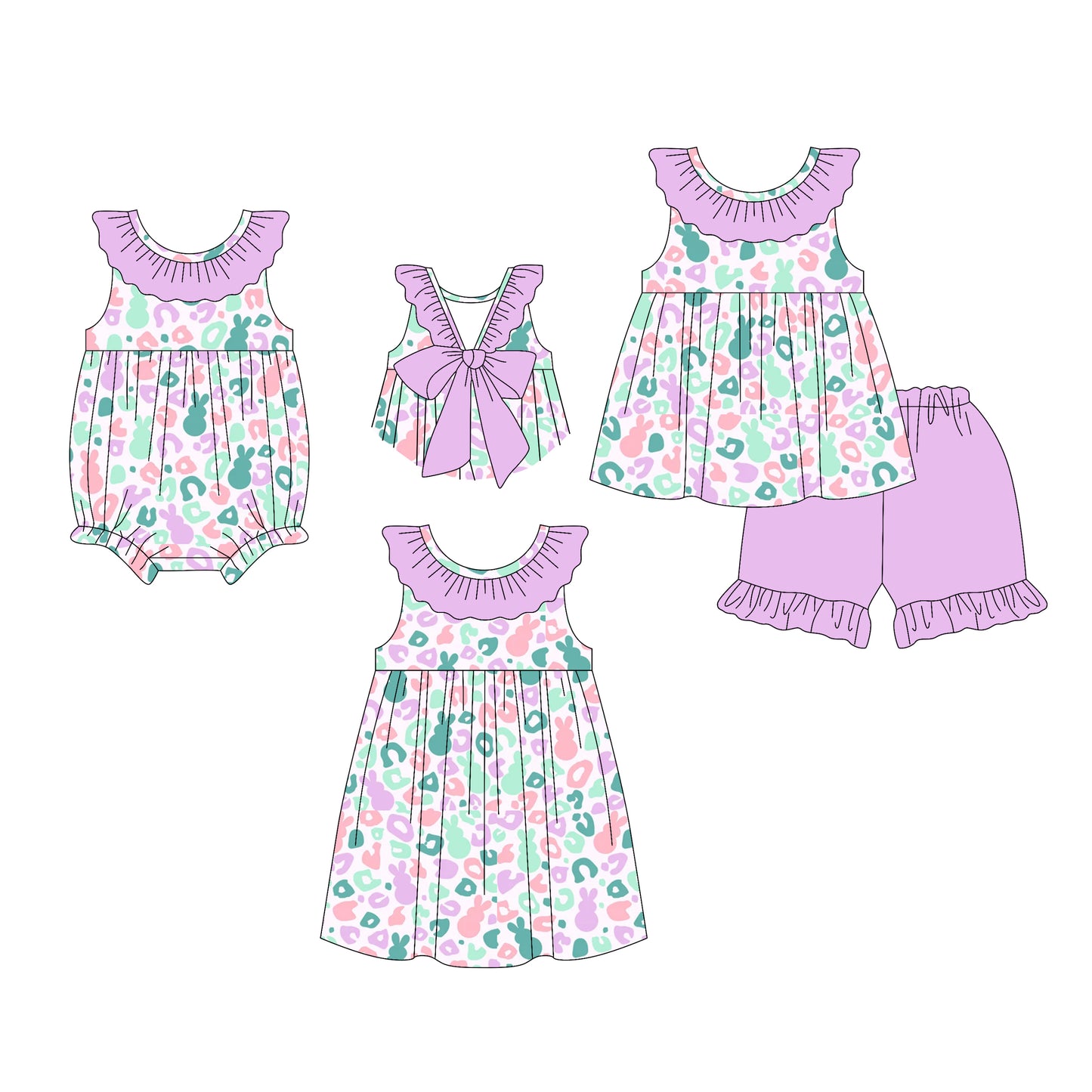 26.1.5 custom each style moq 5 eta 6-8week Sibling Sister easter leopard baby short sleeve shorts sets and romper and dress match design