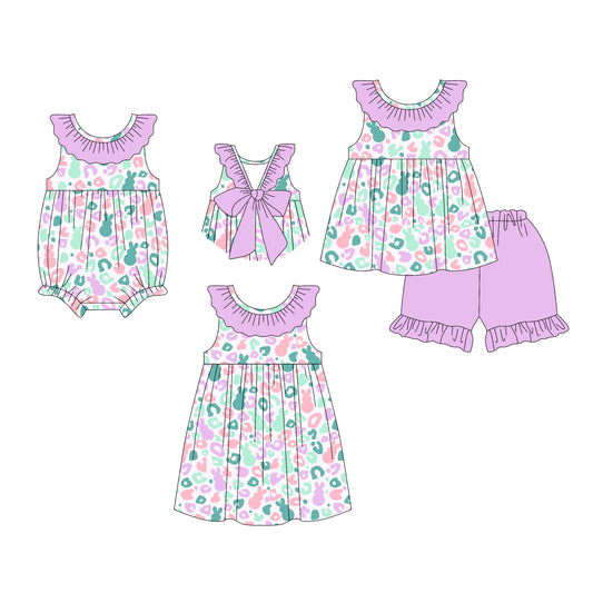 26.1.5 custom each style moq 5 eta 6-8week Sibling Sister easter leopard baby short sleeve shorts sets and romper and dress match design