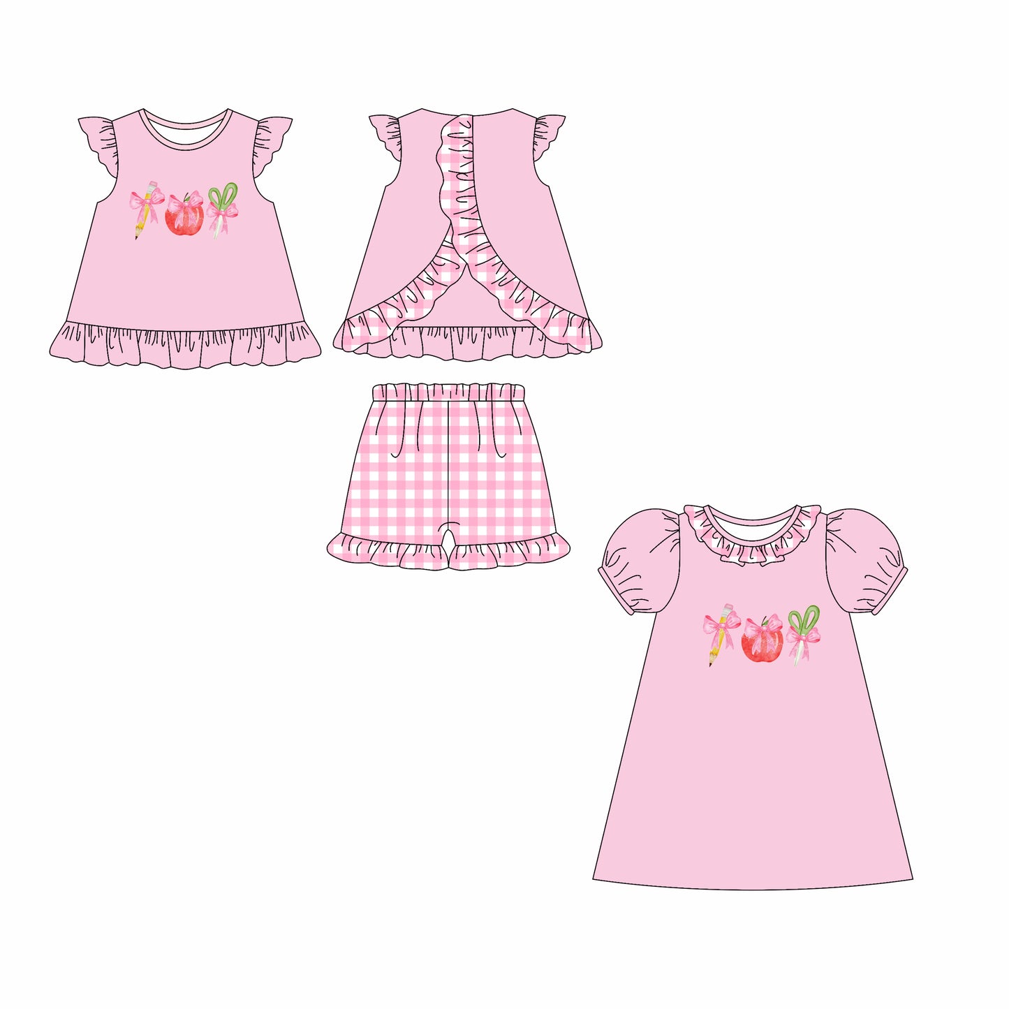 2.21 custom each style moq 5eta 4-6week Sibling Sister pencil bow baby girl short sleeve shorts sets and dresses match design